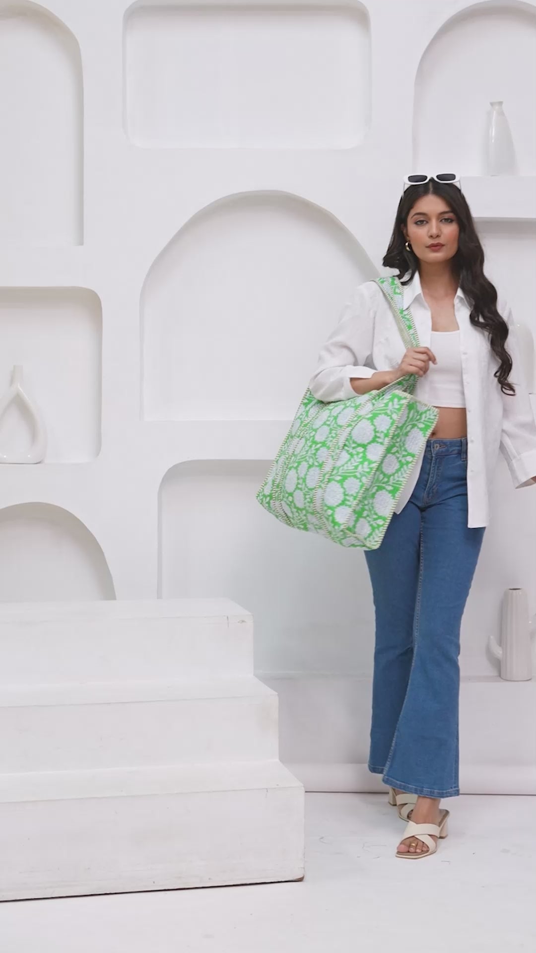 Green & White Quilted Cotton Tote Bag | Handmade Floral Print Shoulder Bag | Eco-Friendly Round Handle Purse for Daily Use